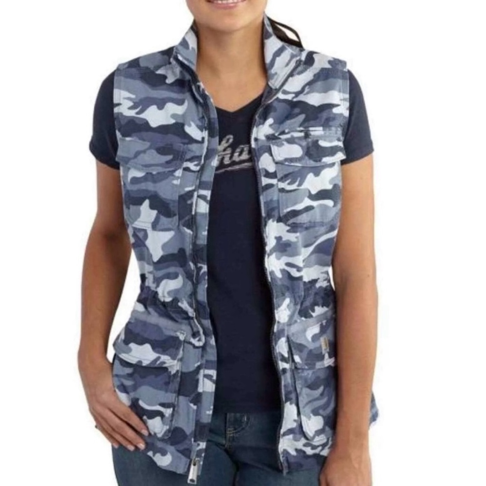 CARHARTT Women's Blue/Gray Camo El Paso Utility Zip Up Vest Size Small (4/6)